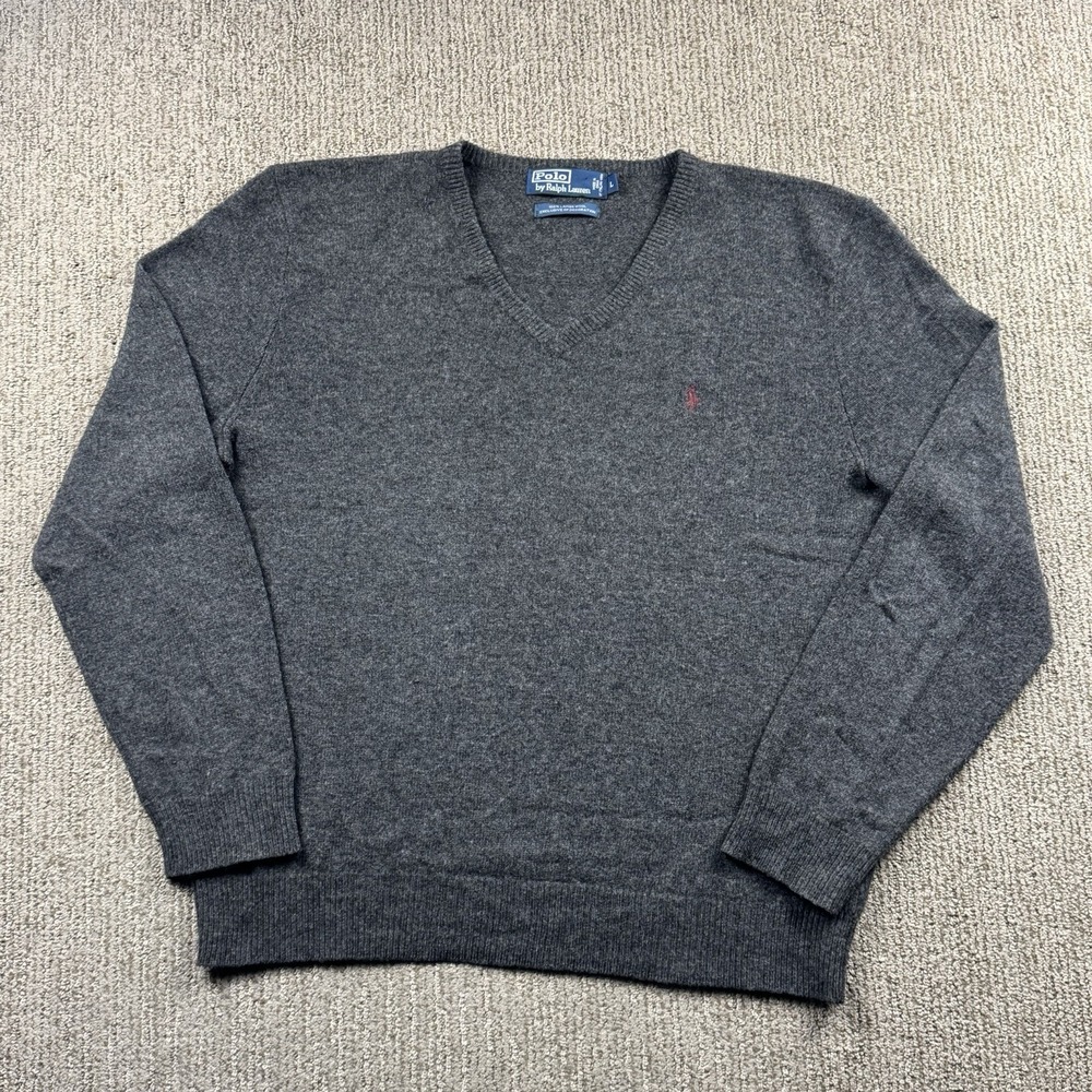 Polo Ralph Lauren Mens L 100% Lambswool Sweater Pullover V Neck Grey